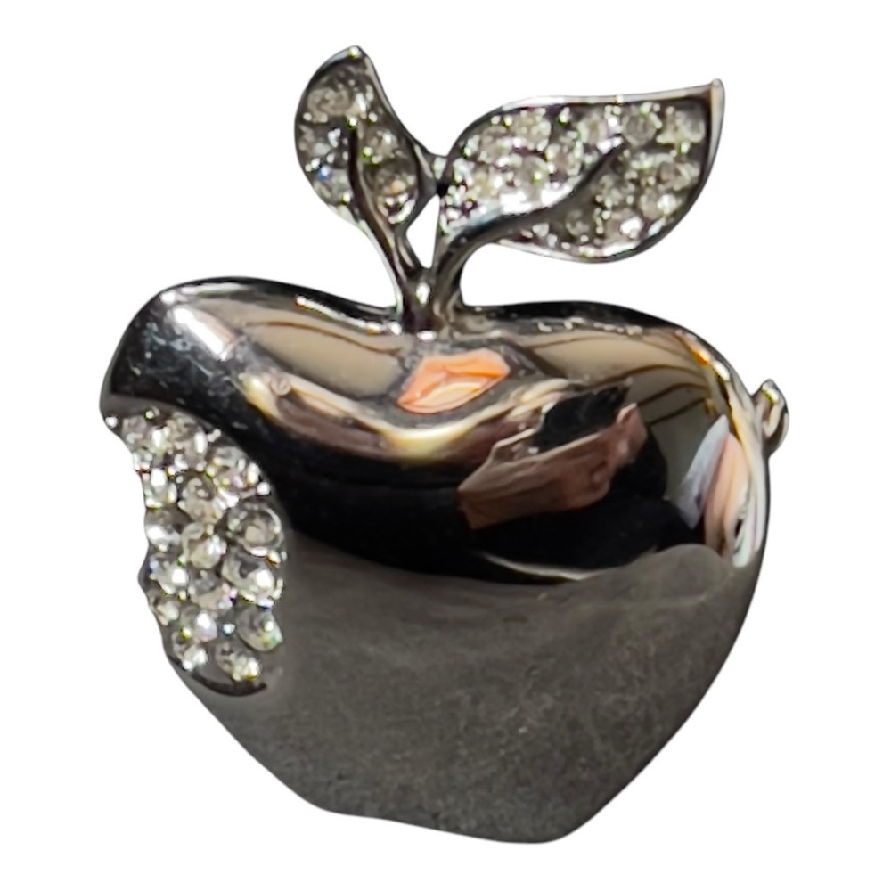 Silver and Rhinestone Apple Brooch - Picture 2 of 7